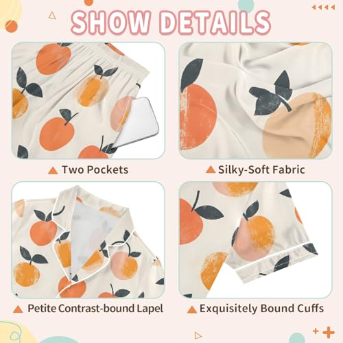 Peach Watercolor Pattern Summer Satin Pajama Set, Cute Button-Down Sleepwear Pj Set for Sleep Wears 7