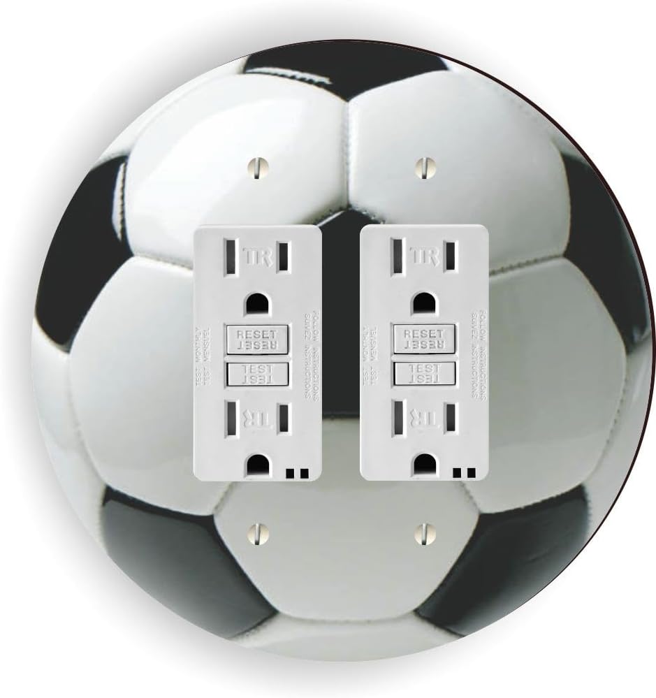 Island Gifting - Soccer Ball Design - Round Double GFI Rocker Switch Plate Cover, Decorative Wall Plate, Modern Dual GFCI Outlet Cover for Home Decor