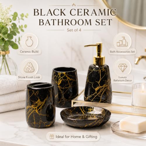 Image of Market99 Black Ceramic Bathroom Set of 4 - Stone Finish | Matte Cylindrical Bath Accessories | Bathware Set | Washroom Accessories | Luxury Gift Accessory for Home, Bathroom Decor