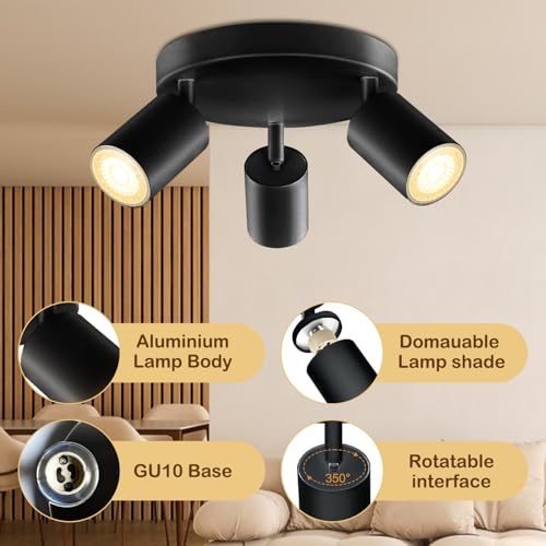 Image of Wiseworld 3 Light Track Lighting Fixtures for Ceiling LED Black Spot Lights Indoor Round Chassis GU10 Base Lamp Rotatable Modern Ceiling Spotlight for Bedroom Kitchen Hallway (Bulb Not Included)