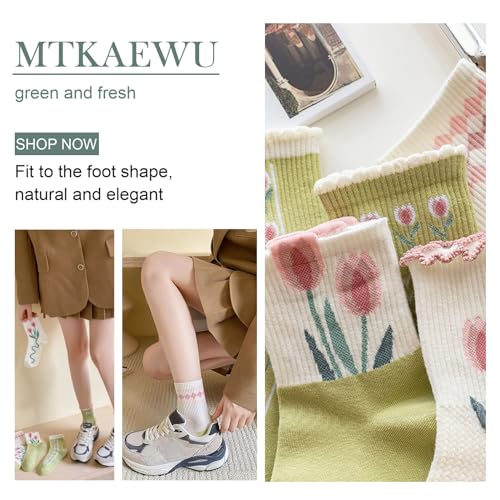 Image of 4 /5 Pack Cute Womens Floral Socks, Cotton Vintage Embroidered Casual Crew Socks, Girly Cottagecore Tulip Dress Socks