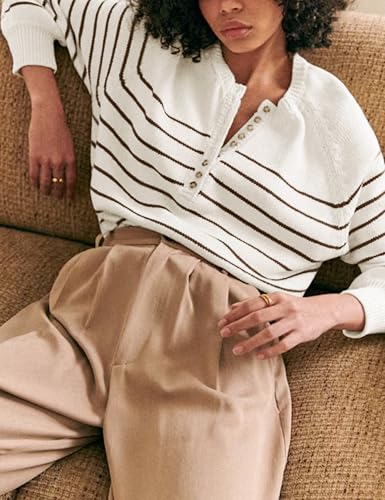 Hongsui Women's Color Block Striped Sweaters Button Up Crewneck Pullover Ribbed Knit Sweater Tops4