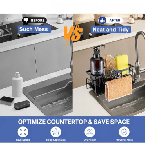 Image of Kitchen Sink Organiser with Drain Tray, Countertop Storage Rack for Dish Soap Sponge Scrubber, Metal Wire Design, Black