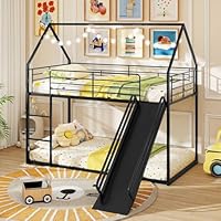 Giantex Twin Over Twin Bunk Bed with Slide & Ladder, House-Shaped Metal Bunk Bed Frame with Safety Guardrail & Roof, Heavy-Duty Kids Loft Bed for Boys Girls Junior, No Box Spring Needed, Black