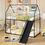 Giantex Twin Over Twin Bunk Bed with Slide & Ladder, House-Shaped Metal Bunk Bed Frame with Safety Guardrail & Roof, Heavy-Duty Kids Loft Bed for Boys Girls Junior, No Box Spring Needed, Black
