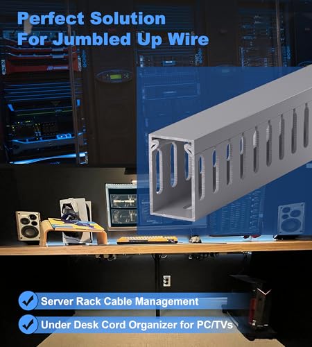 Image of 1.6 inch H x 1 inch W Cable Raceway, 132in Under Desk Wire Management Channel, Grey | Slotted Wire Duct, 8Pack, 16.5in Each, Heavy-Duty PVC Cable Management for Server Racks, Network Cables & Electrical Cabinets