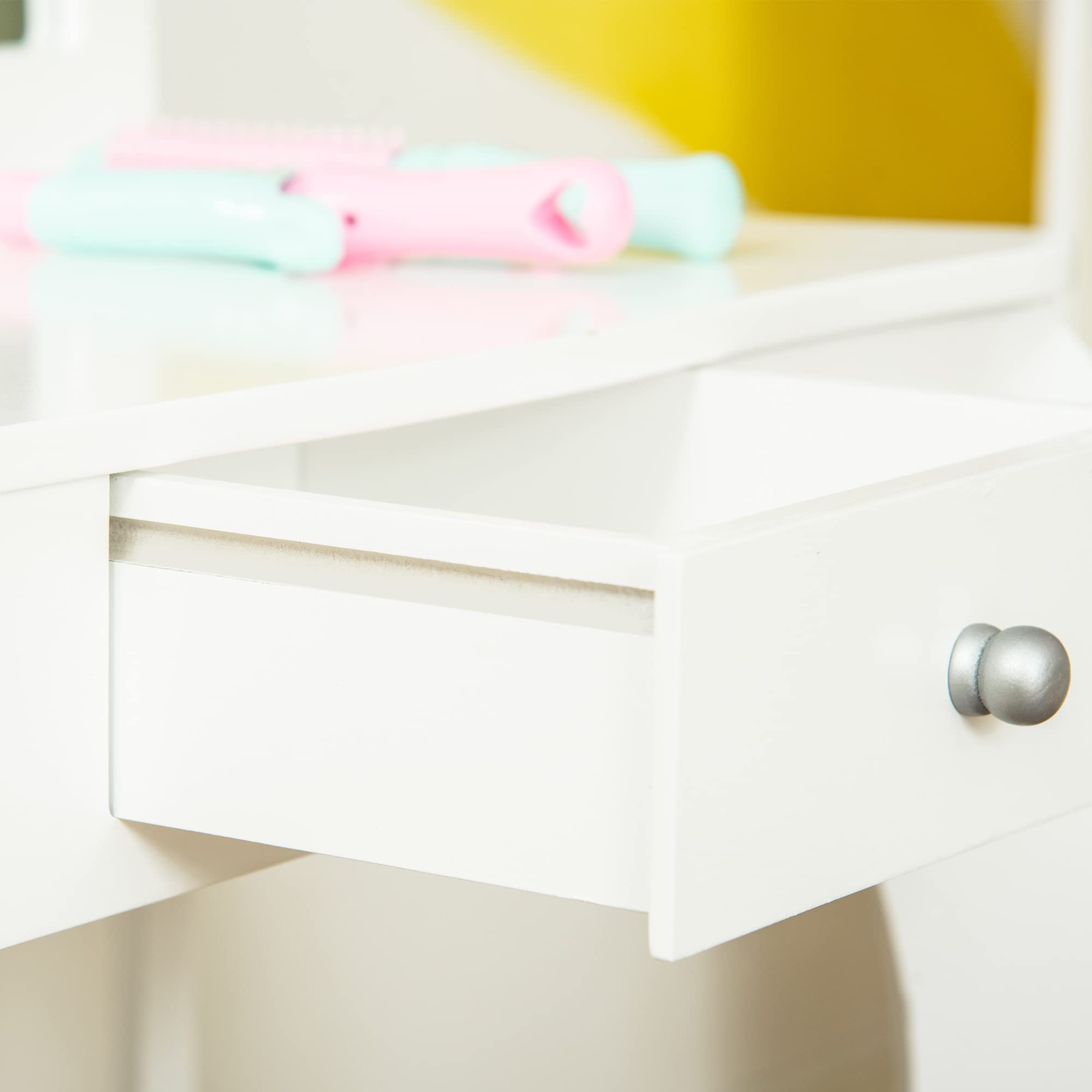 HOMCOM Coiffeuse Enfant avec Tabouret, Coiffeuse Bureau 2 en 1 Miroir triptyque et tiroir Coulissant - Coiffeuse dim. 63L x 40l x 85,5H cm - Blanc Acrylique