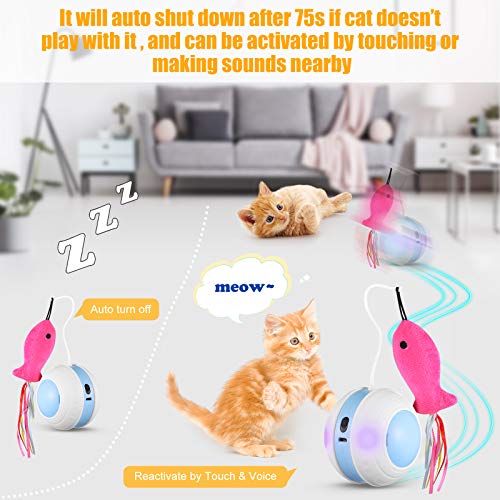 Interactive Cat Toys Ball with Colorful Light & Bird Sound - USB Charging Automatic Irregular 360 Degree Self Rotating Ball - 5 Replacement Feathers Robotic Cat Toy for Indoor Cats Kitten (Blue) - Thumbnail 7
