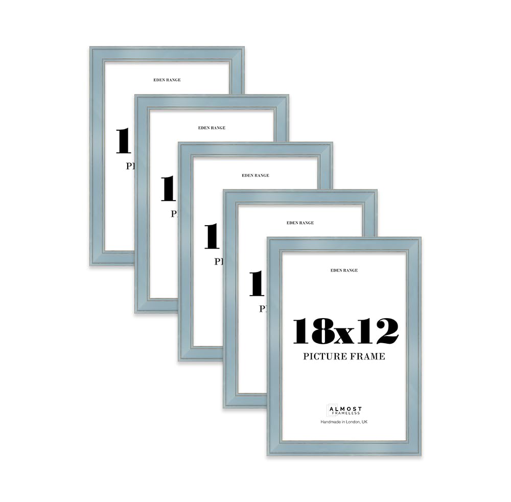 18x12 Cornflower Blue Picture Frame - Shabby Chic Photo Frame with Distressed Finish, Gold Trim, Wall Hooks, 37mm Edge - 5 Pack