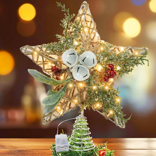 Estrela árvore de Natal, 29,5 x 24 cm estrela de árvore de Natal ouro, árvore de Natal Topper, alimentado por pilhas base espiral, ornamento luminoso de Natal para decoração de interiores casa