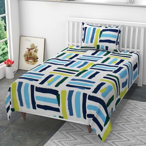 Image of 200 TC 100% Polycotton Printed Supersoft Bedsheet for Single Bed with 1 King Size Pillow Covers Soft /Breathable Wrinkel Free -60x90 Inches -Green & Blue