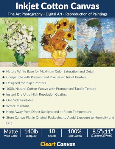 Cleart Printable Cotton Canvas Fabric Sheets for Inkjet Printer, 8.5'X11' Photo Fabric Printer Sheets, Inkjet Matte 100% Cotton Canvas for Printing and Painting, 380gsm (10 Sheets)