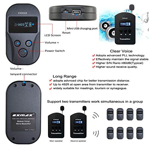 Sistema inalámbrico de micrófono EXMAX EXD-101 de 2,4 GHz para visitas a fábricas, capacitación de empleados, formación educativa, entretenimiento o artes escénicas: 2 transmisores, 40 receptores y estuche de almacenamiento negro miniatura 6