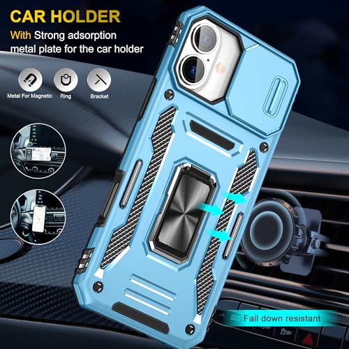Image of Polycarbonate Slide Camera Cover with Ring Holder Mobile Phone Back Cover for iPhone 16 Plus (Blue)