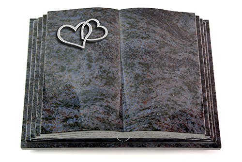 MEMORUM Grabmale Grabbuch, Grabplatte, Grabstein, Grabkissen, Urnengrabstein, Liegegrabstein Modell Livre Pagina 40 x 30 x 8-9 cm Orion-Granit, poliert inkl. Gravur (Aluminium-Ornament Herzen)