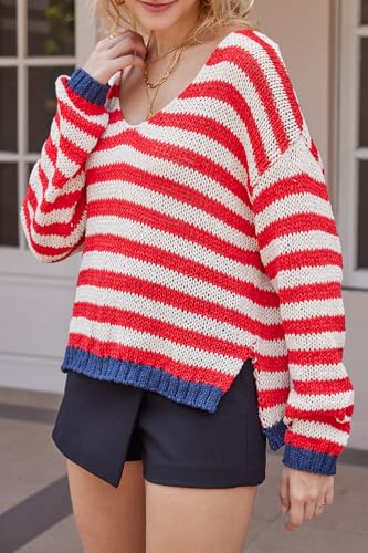 Women's V Neck Long Sleeve Sweaters 2024 Fall Oversized Striped Color Block Drop Shoulder Knit Side Slit Pullover Tops3