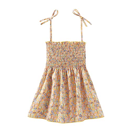 Mud Kingdom Baby Girl Clothes Summer Floral Slip Dresses, Smocked Yellow Leaf, 8-9 Years