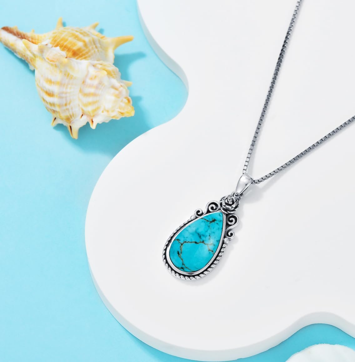 Genuine Turquoise Birth Flower Pendant Necklace, Sterling Silver Vintage Native Western Jewelry Birthdays Gift for Women - Image 7