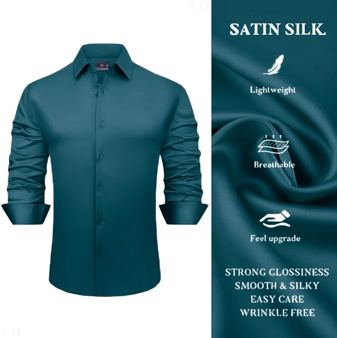 Image of CB-COLEBROOK Mens Stylish Solid Silk Satin Casual Dress Shirts for Men Shiny Long Sleeve Button Down Shirt Party Prom Wedding Shirt for Mens