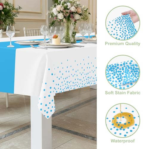 Image of Smiry Plastic Table Cloth Disposable 3 Pack, 54 x 108 Inch Rectangle Waterproof Tablecloth, Printed Gold Table Runner Style for Birthday Weeding, Party Decorations, Leakproof & Sturdy, White and Aqua