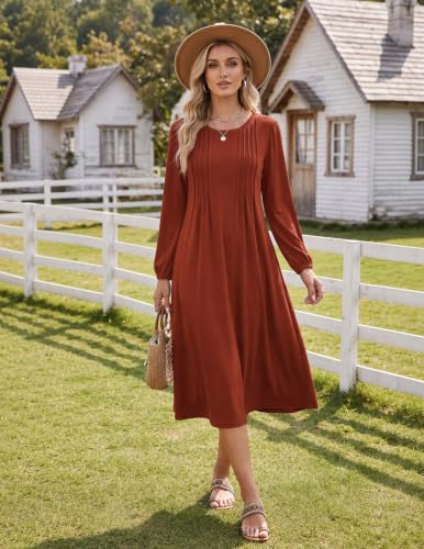 Image of Zeagoo Fall Dresses for Women Long Sleeve Midi Dress Casual A Line Dresses 2026 Pleated Flare Dress with Pockets