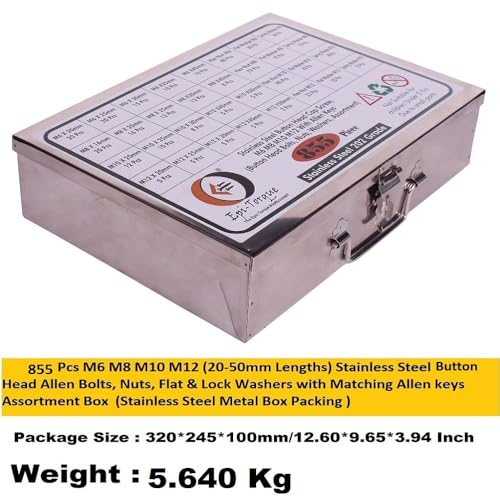 Image of Epi-Torque Metric M6 M8 M10 M12 Stainless Alloy Steel 202 Grade Button Head Screws Nuts, Bolt, Washer with Allen Keys Assortment Kit Set with SS Box 855 Pcs Pack