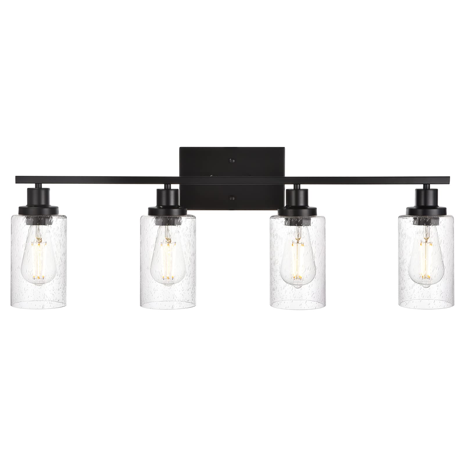 MELUCEE Bathroom Vanity Light Fixtures 4-Light in Matte Black Finish, Bathroom Lighting Farmhouse Wall Mount Light Fixture with Seeded Glass Shade for Mirror Bedroom Living Room Hallway