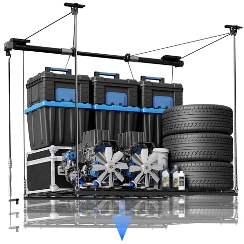 FLEXIMOUNTS GL1 Overhead Garage Lifting Storage Rack, 4x4 Ft Heavy-Duty Metal Garage Ceiling Rack, Adjustable Organization System With 71''L Axle, 350lbs Weight, Black