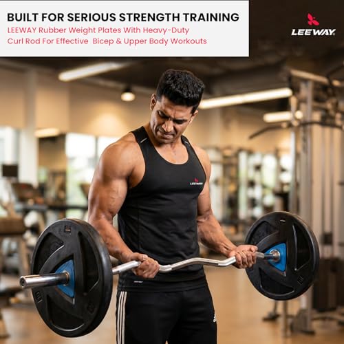 Image of Leeway 40kg Combo | Home Gym Set for Men | Barbell Rod with Plates and Dumbbell Set | Rubber Weight Plates, 3 Ft Curl + 5 Ft Rod (28mm) | Gym Equipments Zym, Jim ka Saman (40kg Set (2.5X4+7.5X4))