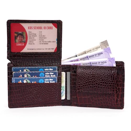 Image of 100% Full Grain Nautral Genuine Pure Original Buff Leather Purse Wallet for Man Mens with Coin Pockets Bifold. 6 Card Slots, 2 Currency Slots, 1 ID Window & 2 Hidden Pockets (Brown-CRO)