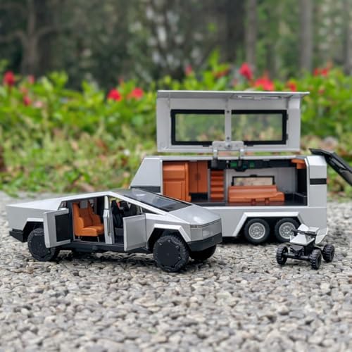 Image of Tesla Cybertruck with RV Trailer and ATV 1:36 Scale Die-Cast Metal Car Model Set - Openable Doors Pull-Back Alloy Collectible Toy