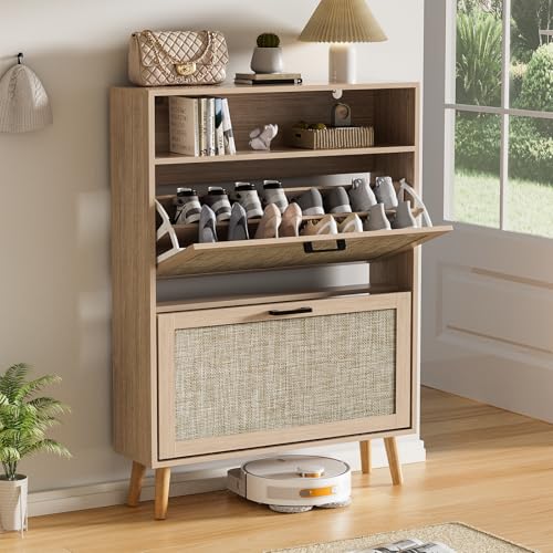 VECHOLL Rattan Shoe Cabinet with 2 Flip Drawers Freestanding Shoe Storage Cabinet for Entryway Slim Hidden Shoe Cabinet with Open Shelf Boho Shoe Rack Cabinet for Hallway, Natural Oak