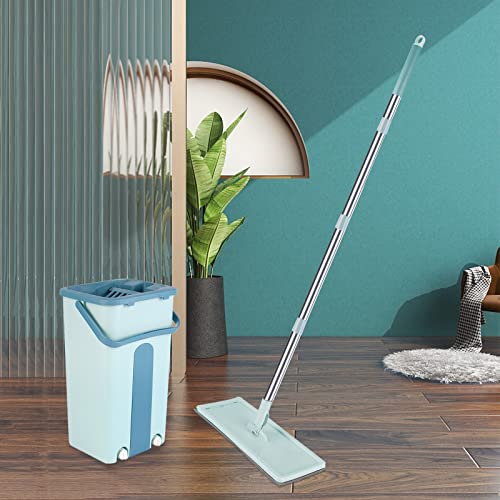 Flachmopp und Eimer Set, Bodenwischer mit Eimer,Wischmopp Set Inklusive 1-Edelstahl-Moppstange, 1-Entwässerungseimer und 2-Wiederverwendbare Moppköpfe,Drainageeimer mit 2-Drainageöffnungen (Grün/S) – Bild 5