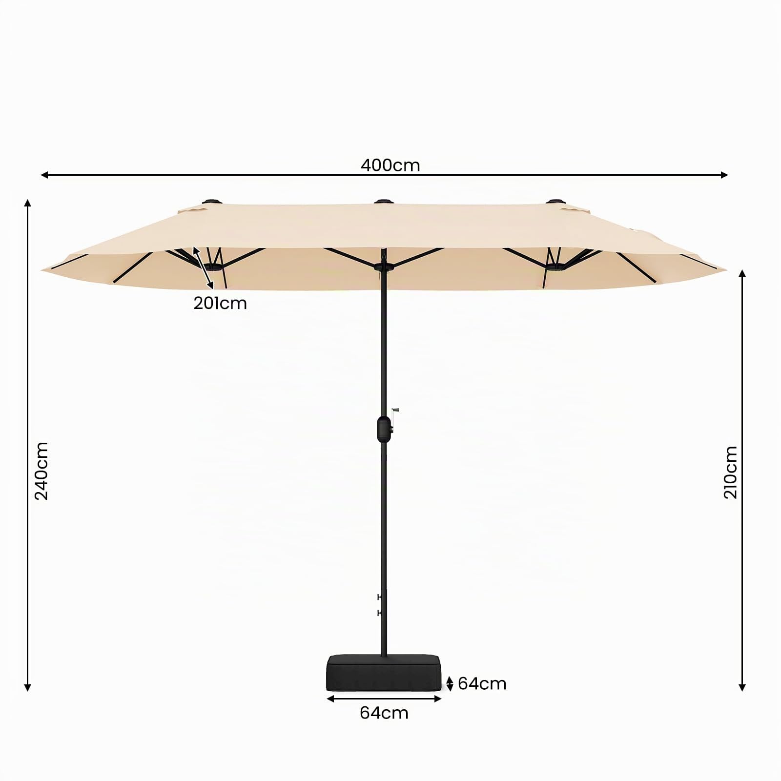 RELAX4LIFE Grand Parasol de Jardin Exterieur avec Pied, 4x2M Parasol Double pour Terrasse/Piscine/Marché, 12 Baleines Renforcées, Manivelle, Protection Solaire pour 6-8 Personnes (Beige)
