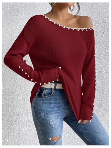 Image of WDIRARA Women's Pearls Beaded One Cold Shoulder Sweater Long Sleeve Asymmetrical Knit Top