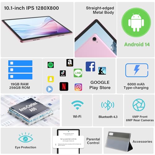 Image of Android 14 Tablet 10.1 inch 19GB RAM + 256GB ROM 1TB Expand, 1280x800 IPS HD Touchscreen, 2MP+5MP Dual Camera, 6000mAh Battery Powerful Performance Tablets 2025, GMS, WiFi (Pink)