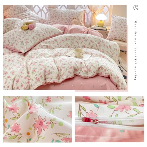 Image of VM VOUGEMARKET Girl's Pink Flower Duvet Cover Set, Twin, Pink White
