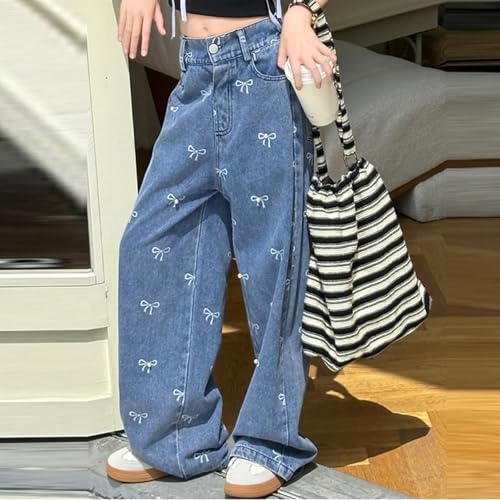 Girl's Hole Straight Leg Jeans, Denim Pants with Pockets, Vintage Embroidery Wide Leg Loose Jeans, Elastic Waist Casual Pants3