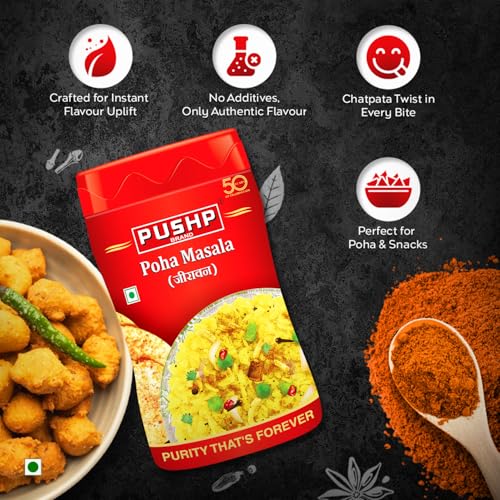 Image of Pushp Poha Masala 100 g | Pack of 5 | Perfect Poha Seasoning Sprinkler | Authentic Indori Flavor for chat, fruits & raita | No Extra Spices Needed | Breakfast & Snacks |
