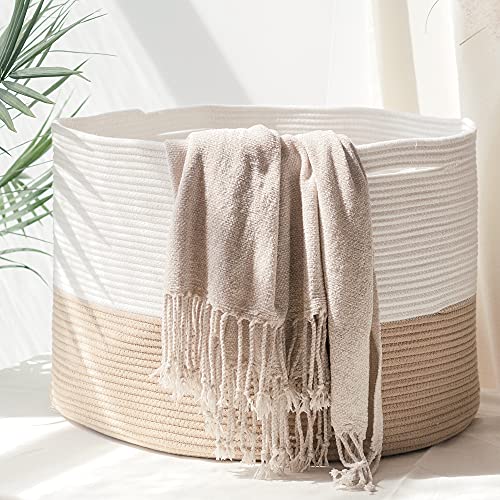 HOMYAM XXX Large Cotton Rope Basket 22x14 inches, Natural Cotton Rope Storage Basket, Blanket Basket, Toy Basket, Pillow Basket, Baby Laundry Basket, Large Woven Basket, Round Basket, Beige White