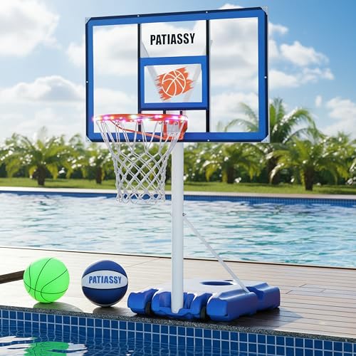 Patiassy Pool Basketball Hoop with 43' Extra Wide Backboard, LED Light up Poolside Basketball Hoop with 1 Standard & 1 Glow-in-the-Dark Ball, Adjustable Height Portable Goal with Wheels, Fillable Base