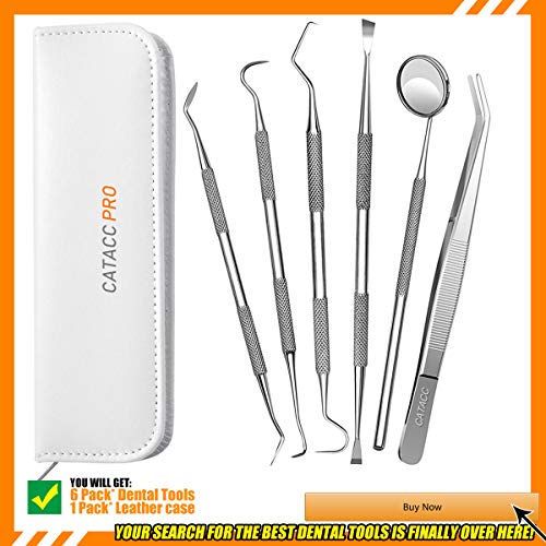 Dental Tools, 6 Pack Teeth Cleaning Tools Stainless Steel Dental Scraper Tooth Pick Hygiene Set with Mouth Mirror, Tweezer Kit for Dentist, Family Oral Care, Dogs - with Leather Case