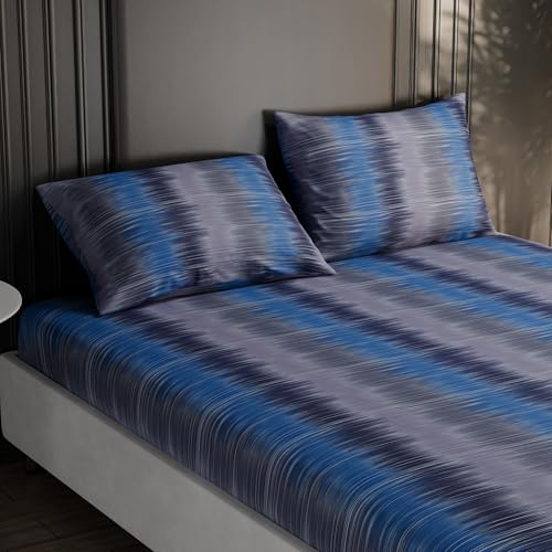 Image of BLISSHOME Everlast 150TC King Size Fitted Bedsheet with 2 Pillow Covers, Aesthetic Bedding, Wrinkle Resistant, 100+ Wash Durable, Quick Dry, Geometric Pattern - Blue (183cm x 198cm + 25cm Drop)