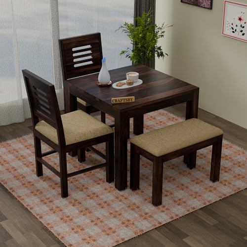 Image of Solid Sheesham Wood 3 Seater Dining Table | Three Seater Dinner Table with 2 Cushions Chairs & 1 Bench | Dinning Table Set 3 Seater for Living Room | Yellow Cushions | Walnut Finish