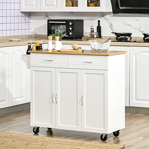 Homcom Rolling Kitchen Island Cart On Wheels With Large Bamboo Countertop, 2 Cabinets With Drawers, Adjustable Shelves, White #TOP1