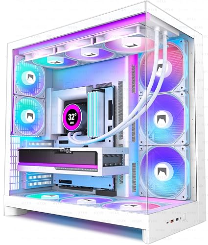 Image of H2 (2026) HYXN ATX PC Case, Pre-installed 8 PWM ARGB Fans (6X140mm,2X120mm), Large Dual-Chamber ATX Mid-Tower Airflow Computer Case, Gaming PC Case, 420mm Radiator Support, Type-C 3.2 (White RGB)