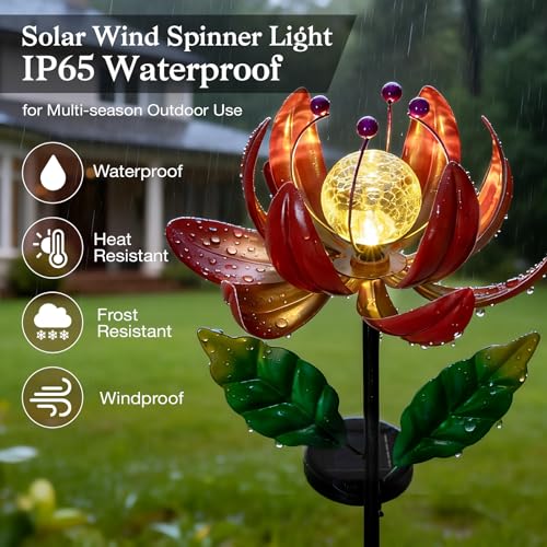 Image of Solar Lights Outdoor Wind Spinners, Metal Lotus Flower Garden Decor with Waterproof LED Crackle Glass Globe for Patio Lawn Yard Outdoor Decor