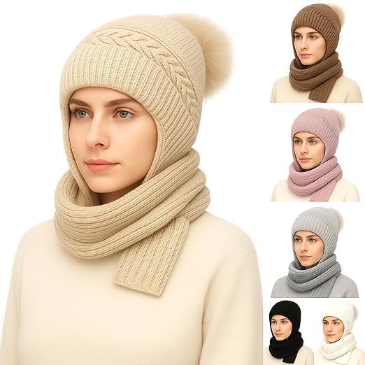 Integrated Ear Protection Windproof Cap Scarf, 2 in 1 Hat and Scarf Sets Combined Winter Hats for Women Winter Warm Thermal Knitted Beanie Hats and Scarves Thick Ear Guard Hat Hooded Scarf Set