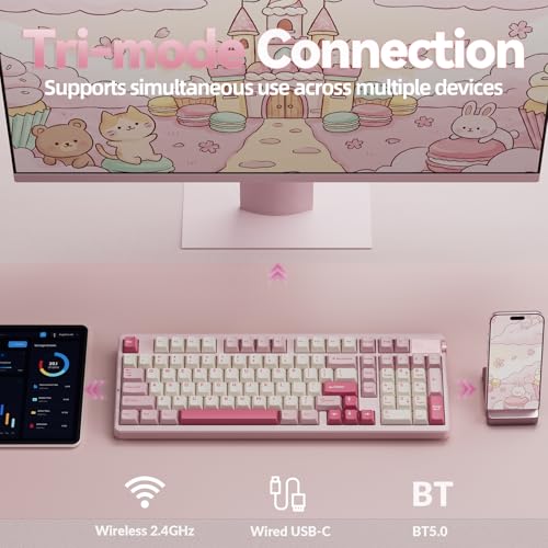 Image of LEOBOG A98 Wireless Mechanical Keyboard, Tri-Mode BT5.0 /2.4GHz /USB-C, Creamy Keyboard with Number Pad, Gasket Structure Hot Swappable, PBT Keycaps, RGB Backlit Pink Gaming Keyboard with Knob for PC