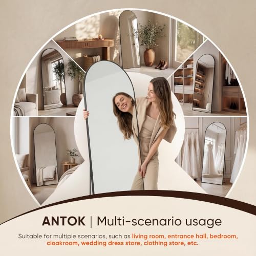 Image of Antok 58 inch x18 inch Arched Full Length Floor Mirror, Black Aluminum Frame, Free Standing /Wall Mount /Leaning for Bedroom, Living Room, Dressing Room